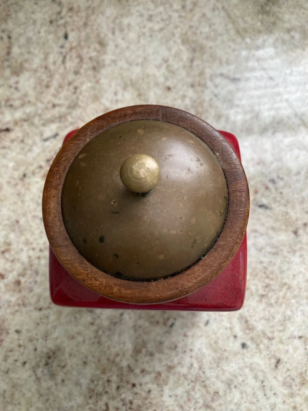 Pier 1 Imports Deep Red Sugar Canister w/ Brass Domed Lid trimmed w/ Wood